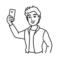 man taking selfie with phone line minimalist sketch vector line art illustration