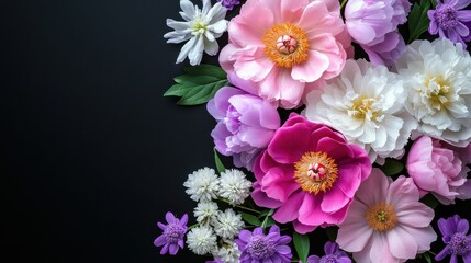 A beautiful bouquet of purple and pink flowers with delicate white blossoms on a dark background.