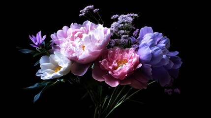 A beautiful bouquet of purple and pink flowers with delicate white blossoms on a dark background.