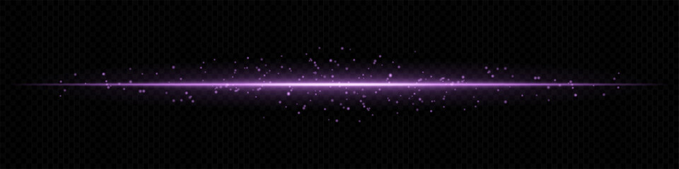Pink horizontal light beam with scattered particles on dark transparent background. Ideal for magical effects, data transmission, or futuristic transitions.