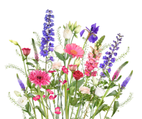 Cut flowers from the florist in pink, blue and white