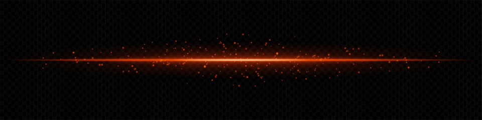 Orange horizontal light beam with scattered particles on dark transparent background. Ideal for magical effects, data transmission, or futuristic transitions.