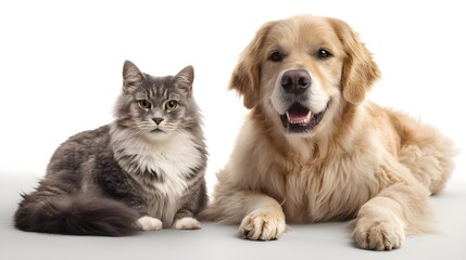 Obraz premium Fluffy gray tabby cat and golden retriever posing together on a white background