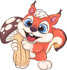 Cartoon Squirrel and mushroom. Cute illustration of a cartoon squirrel holding a mushroom in its paws. Unique design, animal mascot.