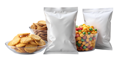 Assortment of snacks and blank packaging ideal for product branding and advertising isolated on white background