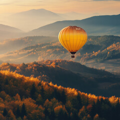 Naklejka premium Yellow Hot Air Balloon Soaring Over Autumnal Mountain Landscape at Sunrise