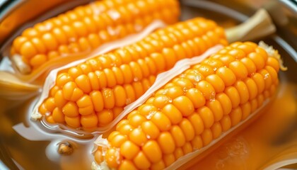 Bright orange juicy corn on the cob, boiled in salted water,   yellow corn,  saucepan
