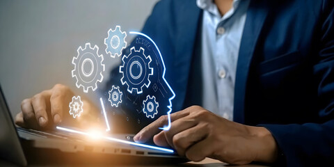 Businessman Using Artificial Intelligence Technology with Digital Brain Interface on Laptop.