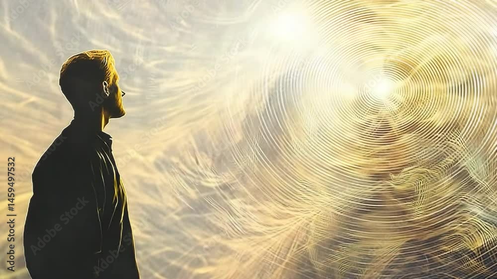 Poster man standing in front of spirally light display with captivating glow and intriguing patterns surrou
