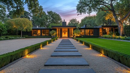 Obraz premium Modern home entrance with landscaped pathway. Evening ambiance