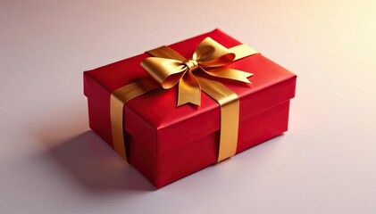 Fototapeta premium Crimson satin package, gold bow, soft inner light, christmas, package