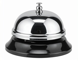 Naklejka premium Classic silver service bell with polished chrome finish on black base isolated on white background