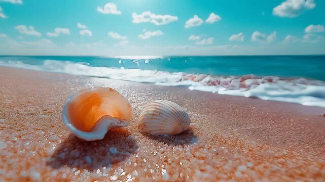 Serene ocean waves gently embrace seaside shells on a sunny beach