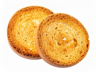 Two round golden-brown toasted bread rusks with crispy texture isolated