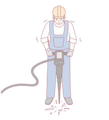 A construction worker in a hard hat is vigorously using a jackhammer at an active construction site