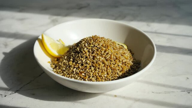 Photorealistic, Bowl of freekeh with a lemon wedge, Warm ambient light, Simple and wholesome, Inviting and healthy mood

