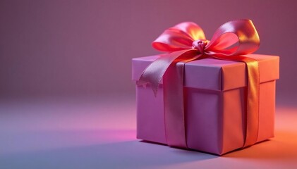 Fototapeta premium Close-up of a single, brightly-lit gift box with a satin ribbon , purple, shopping