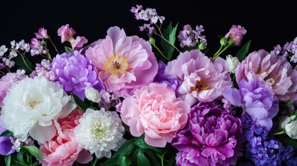 Obraz premium A beautiful bouquet of purple and pink flowers with delicate white blossoms on a dark background.