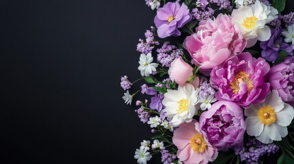 Obraz premium A beautiful bouquet of purple and pink flowers with delicate white blossoms on a dark background.