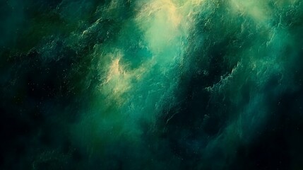 Fototapeta premium Deep space nebulae swirling in emerald and gold hues. Vast expanse of cosmic clouds, speckled with distant stars