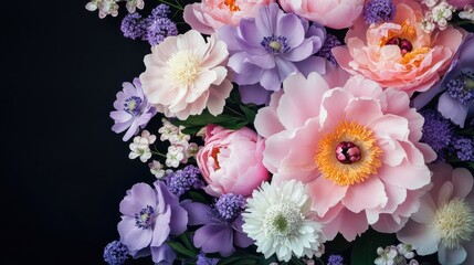 A beautiful bouquet of purple and pink flowers with delicate white blossoms on a dark background.