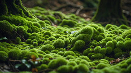 Obraz premium Emerald Forest Floor: A vibrant close-up of a forest floor blanketed in lush, green moss, illuminated by soft, natural light, creating a captivating tapestry of texture and life.