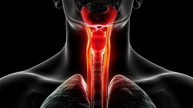 3D medical illustration highlighting inflammation in the human throat and esophagus, with visible airway and lungs, indicating infection or pain.
