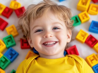 Child smiles surrounded by toys