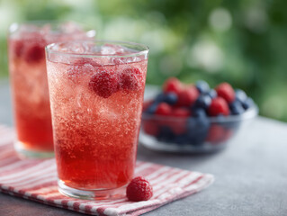Sparkling berry drinks with raspberries and blueberries on striped cloth