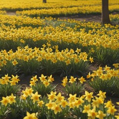 Obraz premium Sunlit daffodil field, vibrant yellow petals glistening , outdoor, closeup