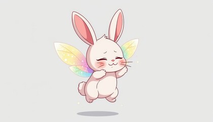 Obraz premium A chibi style bunny with sparkling translucent rainbow wings dramatically sneezing mid air, with anime style motion lines and puffy cheeks