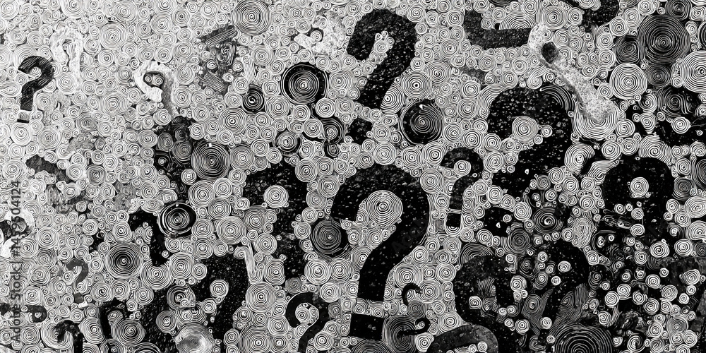 Poster Abstract monochrome artwork featuring question marks on a swirling circular background, creating a complex and intriguing visual texture symbolizing uncertainty or curiosity