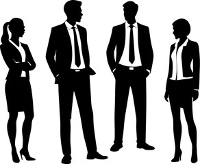 Striking Corporate Team Silhouette Vector Illustration of Four Professionals in Formal Attire Engaging in Dynamic Interaction