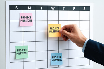 A professional hand places sticky notes on a project milestone calendar emphasizing organization in planning and strategy execution for business success