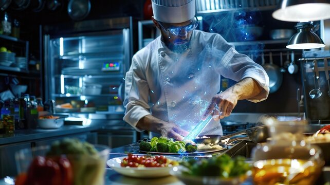 A chef in the kitchen is guided by an AI hologram suggesting unique ingredient combinations. The scene highlights the fusion of culinary creativity and advanced technology in a modern cooking
