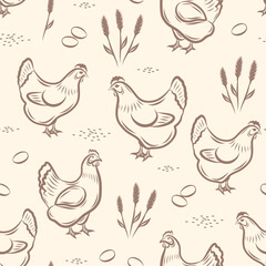 Vintage farm seamless pattern with chickens rooster eggs wheat, line drawing style, rural countryside vector repeat in two color palette, minimal classic design for kitchen textile packaging backgroun
