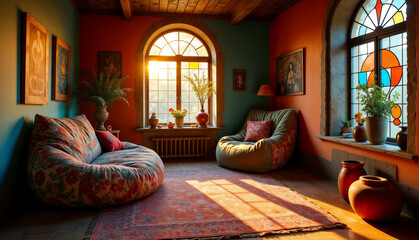 Cozy Room with Stained Glass and Bean Bags