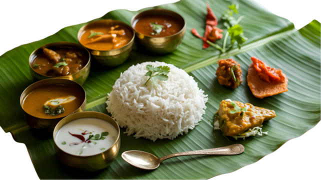 Exquisite Andhra Thali on Banana Leaf: A delightful and traditional Andhra meal served on a banana leaf, featuring fragrant rice, flavorful curries, cooling yogurt, and spicy accompaniments.
