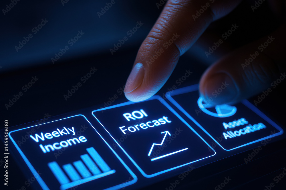 Poster a finger navigating a smart dashboard interface highlights key business strategy metrics such as inc