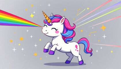 Naklejka premium A chibi unicorn in mid prance firing a rainbow beam from its horn while winking confidently. Sparkles, floating stars, and colorful motion streaks radiate from its magic
