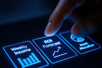 A finger navigating a smart dashboard interface highlights key business strategy metrics such as income ROI forecast and asset allocation to support efficient decision-making and growth
