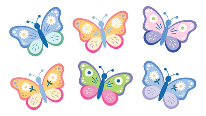 Cute butterfly collection, kids cartoon vector. Illustration isolated on white background. Color insect clipart. Baby shower design elements. Party invitation, birthday celebration. Spring, summer art © yuliabikirova