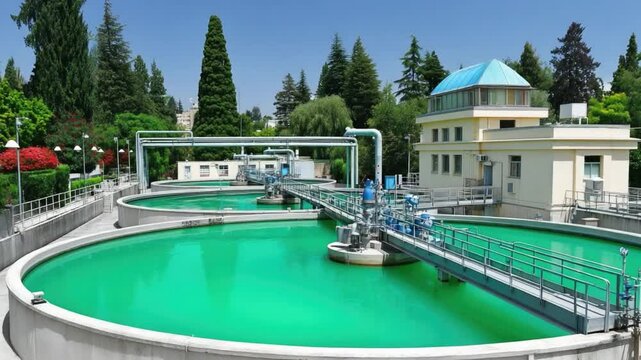Water Treatment Facility with Modern Technology and Green Surroundings in a Bright Blue Sky