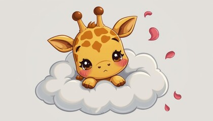 Naklejka premium A shy chibi giraffe hiding behind a floating cartoon cloud with big blushing cheeks and two visible eyes. A swirl of flower petals hovers around