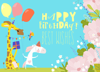 Birthday Card with Cute Animals celebrating Holiday
