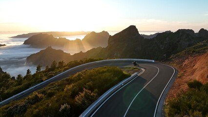Motorcycle Rider Driving in High Mountain Landscape, Madeira Island , Portugal.