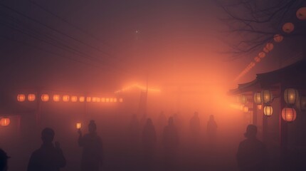 Fototapeta premium Nighttime Tokyo festival in pixel art 3D render, thick fog obscuring visibility. Warm glow from lanterns, people in yukata barely visible, low visibility, thick fog, detailed textures