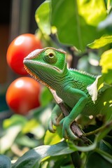 Fototapeta premium Green chameleon perched on a branch, surrounded by ripe red tomatoes