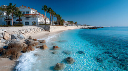 Obraz premium azure sea meeting a white sandy beach with palm trees under a clear sky