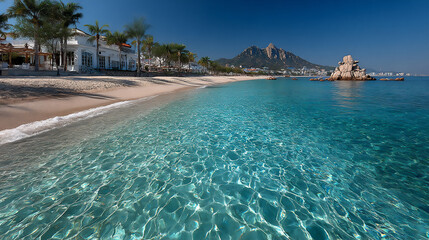 azure sea meeting a white sandy beach with palm trees under a clear sky